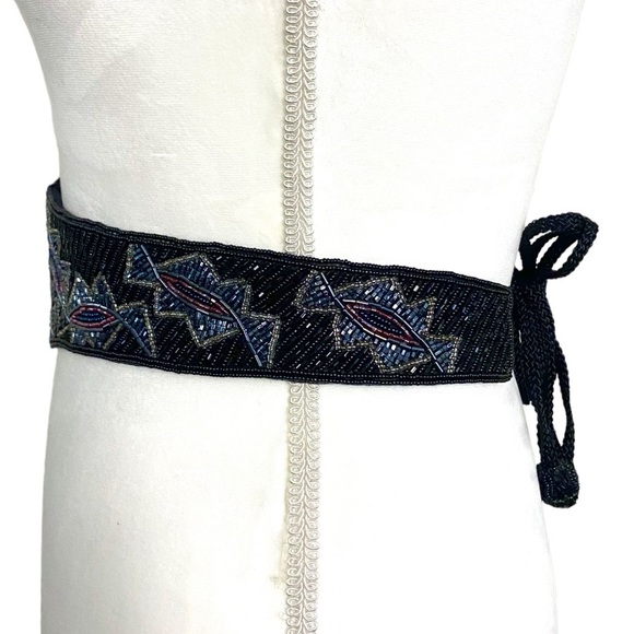 Vintage 80s black, grey, blue & pink beaded belt tie back adjustable cummerbund - Picture 8 of 9